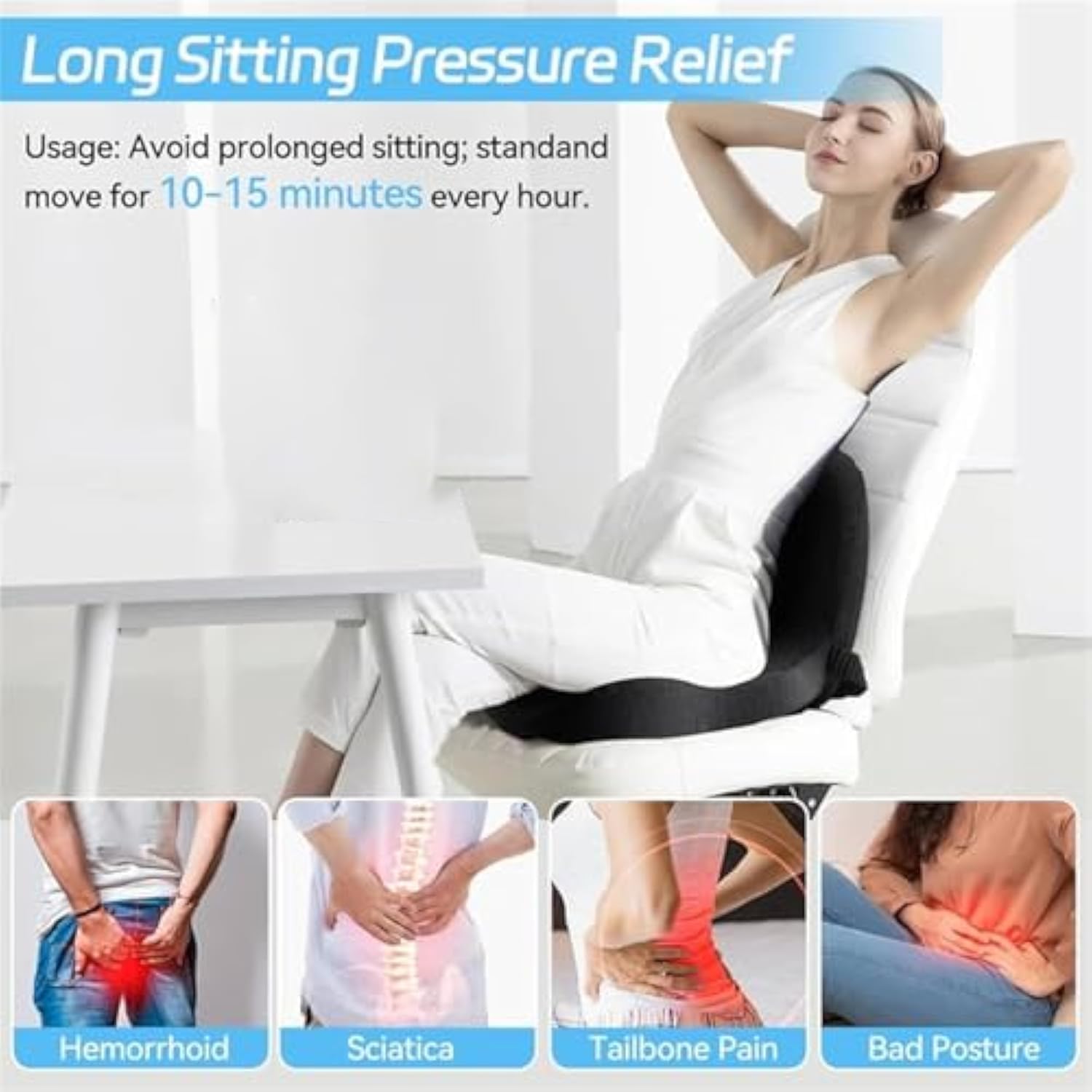 Ergonomic Memory Foam Seat Cushion with Back Support – One-Piece Orthopedic Chair Pad for Office & Home