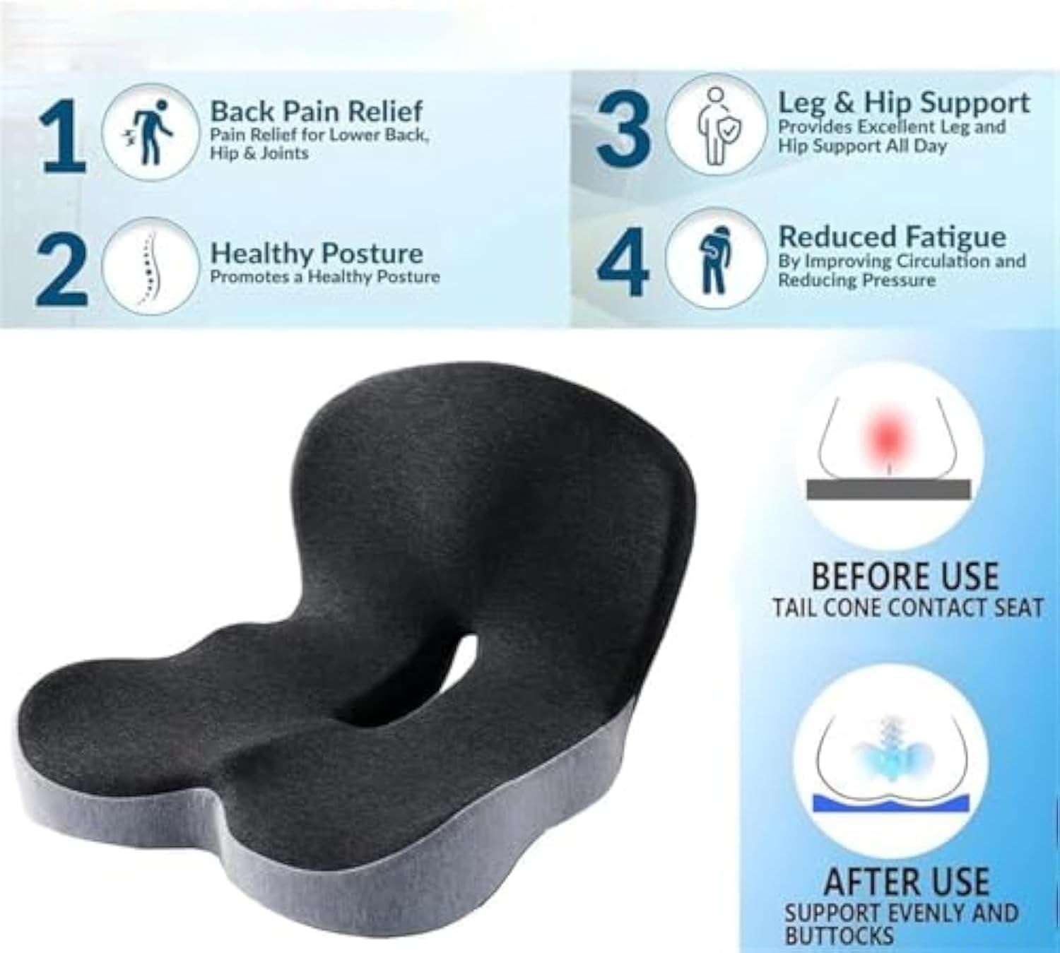 Ergonomic Memory Foam Seat Cushion with Back Support – One-Piece Orthopedic Chair Pad for Office & Home
